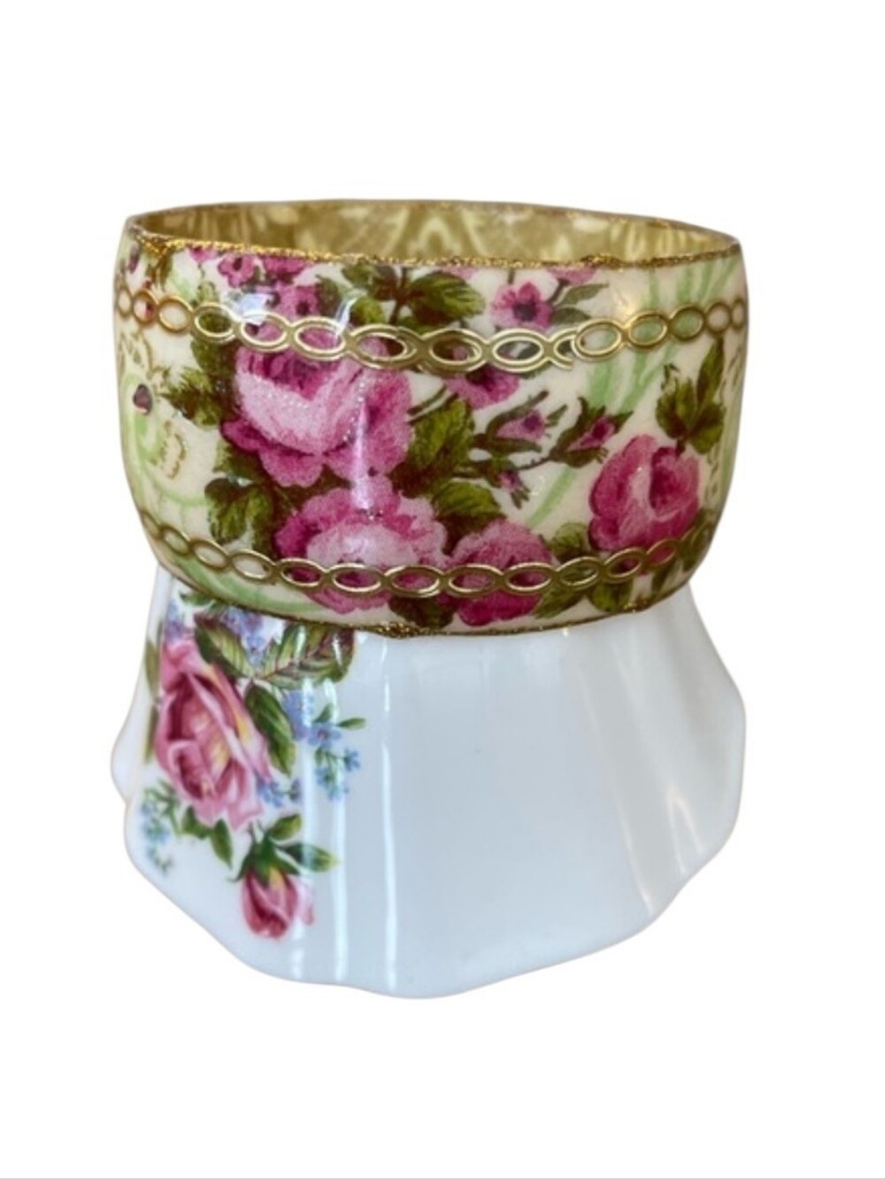 Floral Pink Fabric Cuff Bracelet with Gold Trim